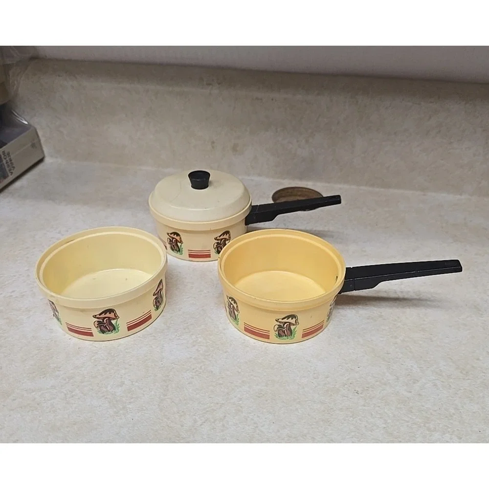 Set‎ of 3 Vtg Mushroom Pretend Play Childs Play Doll Kitchen Cooking Cookware